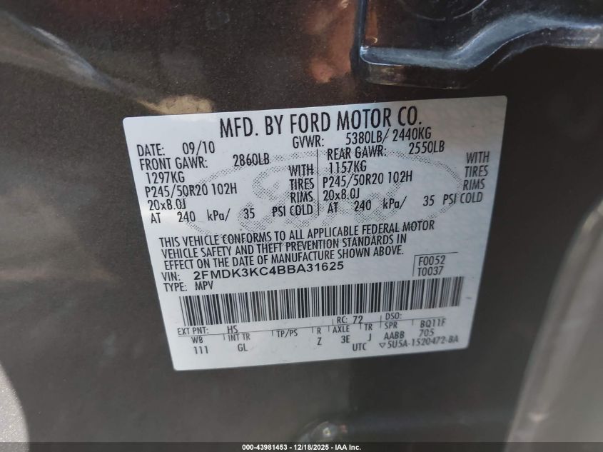 2011 Ford Edge Limited VIN: 2FMDK3KC4BBA31625 Lot: 43981453