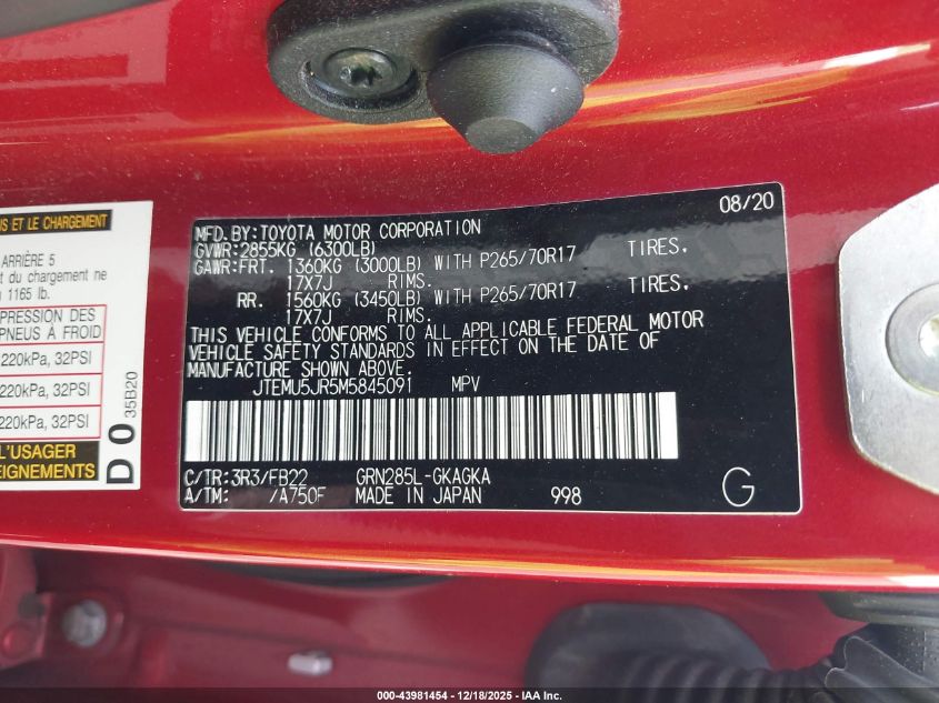 2021 Toyota 4Runner Sr5 VIN: JTEMU5JR5M5845091 Lot: 43981454