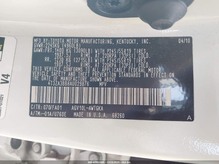 2010 Toyota Venza VIN: 4T3ZA3BB8AU029876 Lot: 43981455