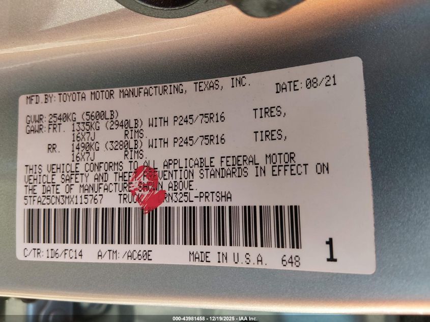 2021 Toyota Tacoma Sr5 V6 VIN: 5TFAZ5CN3MX115767 Lot: 43981458