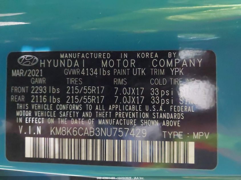 2022 Hyundai Kona Sel VIN: KM8K6CAB3NU757429 Lot: 43981459