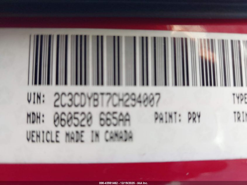 2012 Dodge Challenger R/T VIN: 2C3CDYBT7CH294007 Lot: 43981462