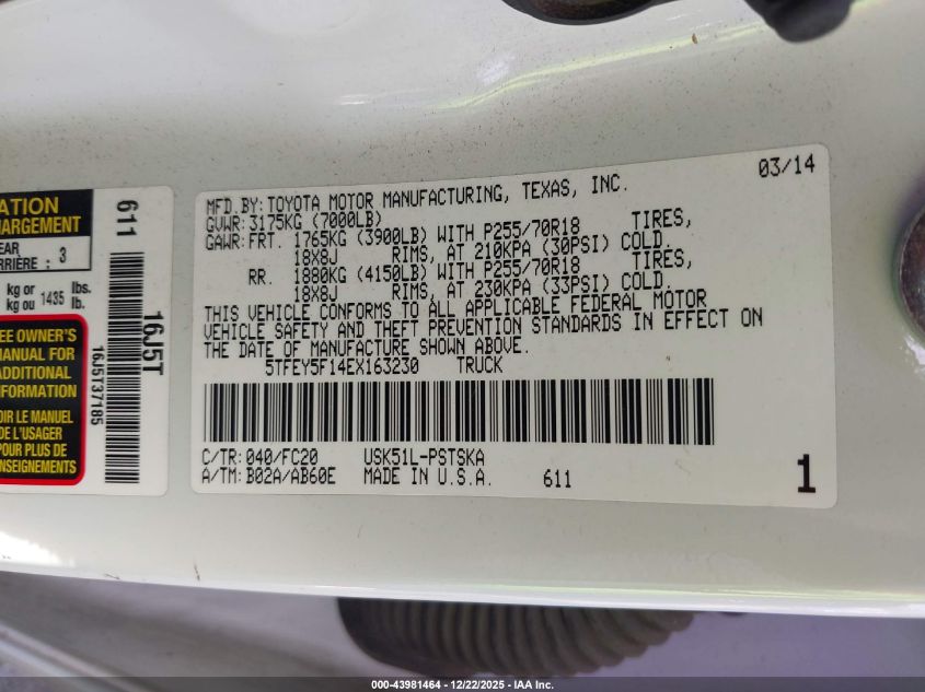 2014 Toyota Tundra Sr5 5.7L V8 VIN: 5TFEY5F14EX163230 Lot: 43981464