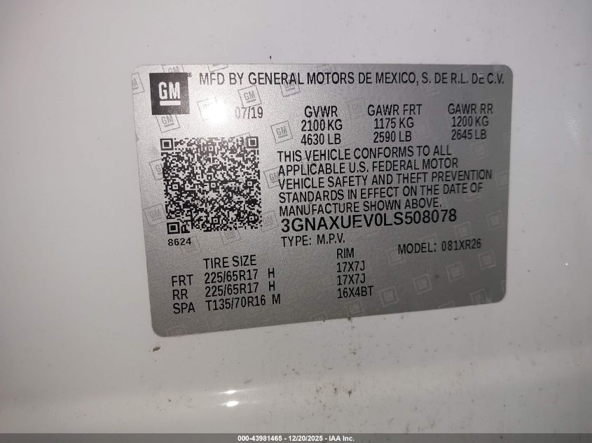 2020 Chevrolet Equinox Awd Lt 1.5L Turbo VIN: 3GNAXUEV0LS508078 Lot: 43981465