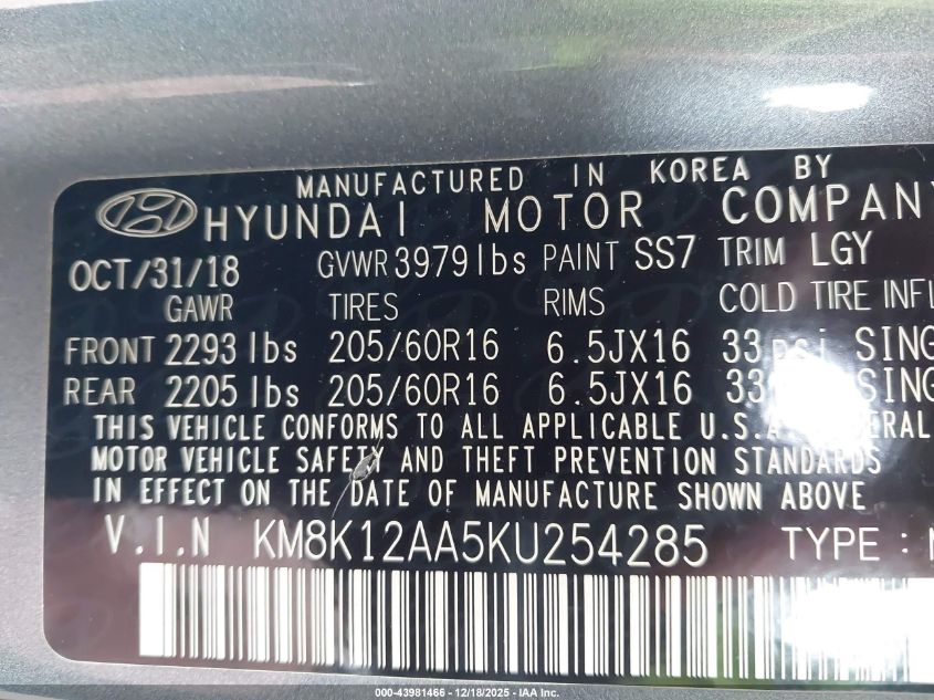 2019 Hyundai Kona Se VIN: KM8K12AA5KU254285 Lot: 43981466