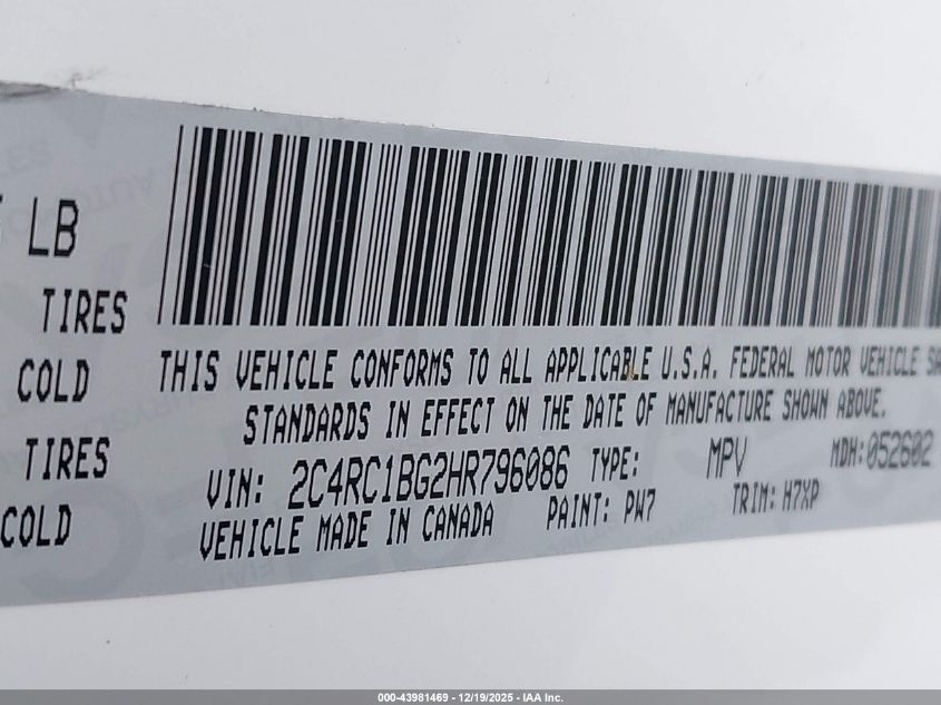 2017 Chrysler Pacifica Touring Plus VIN: 2C4RC1BG2HR796086 Lot: 43981469