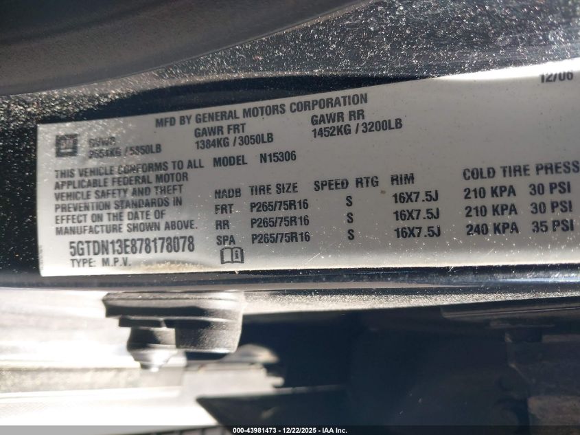 2007 Hummer H3 Suv VIN: 5GTDN13E878178078 Lot: 43981473