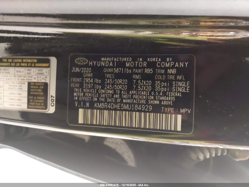 2021 Hyundai Palisade Sel VIN: KM8R4DHE5MU184929 Lot: 43981476