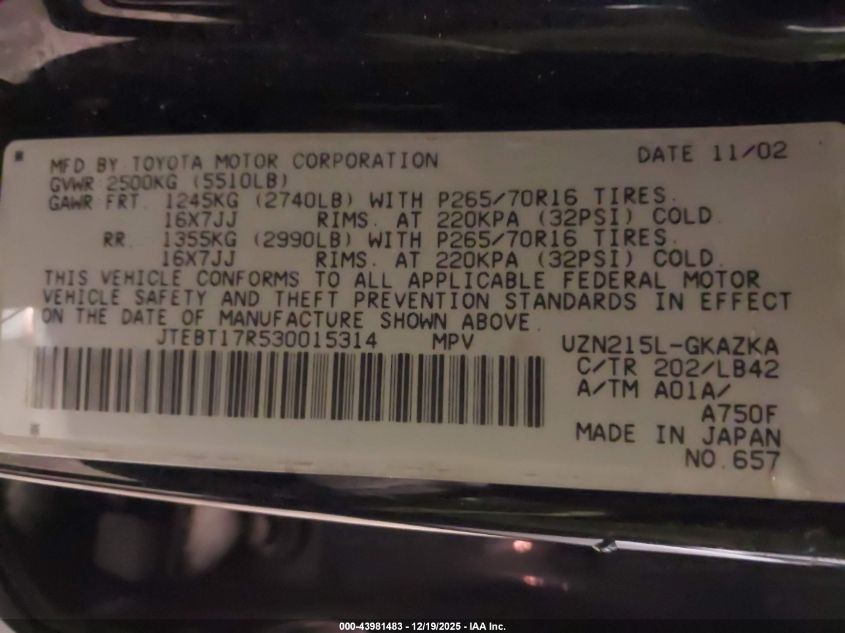 2003 Toyota 4Runner Limited V8 VIN: JTEBT17R530015314 Lot: 43981483