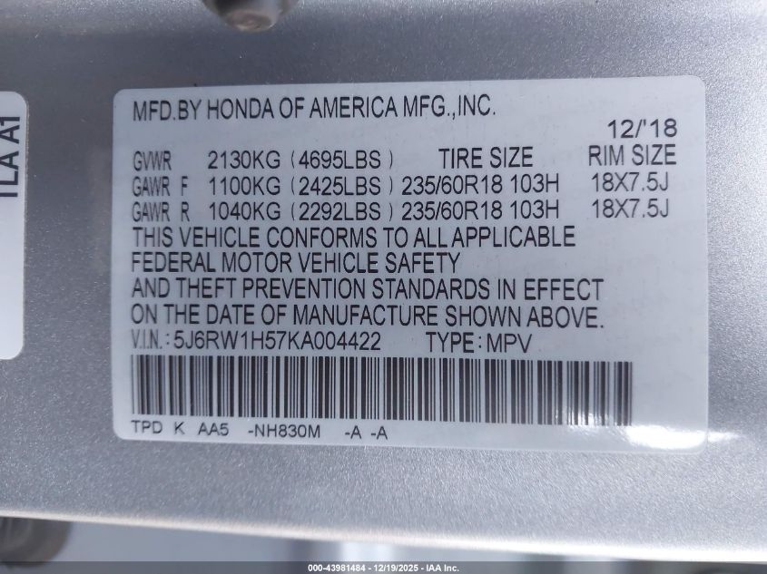 2019 Honda Cr-V Ex VIN: 5J6RW1H57KA004422 Lot: 43981484