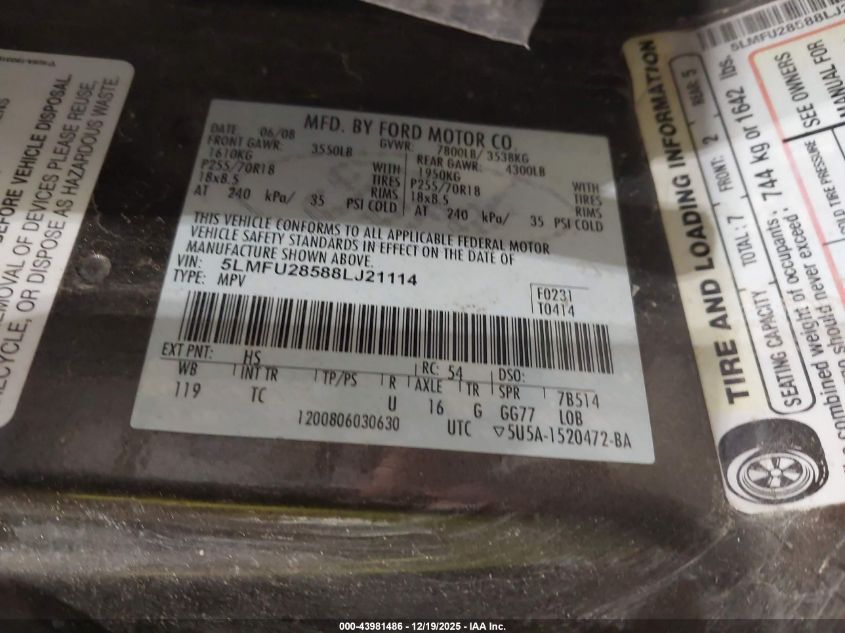 2008 Lincoln Navigator VIN: 5LMFU28588LJ21114 Lot: 43981486