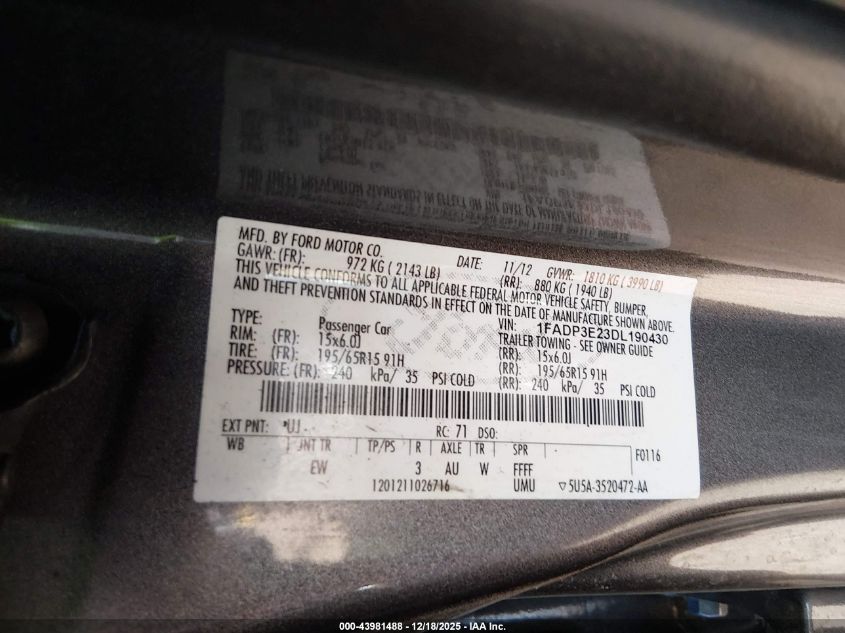 2013 Ford Focus S VIN: 1FADP3E23DL190430 Lot: 43981488