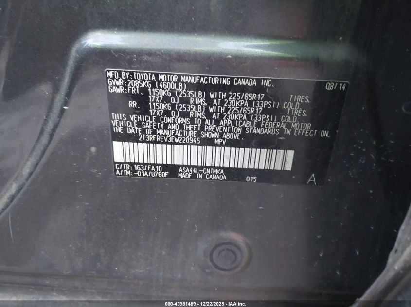 2014 Toyota Rav4 Xle VIN: 2T3RFREV3EW220945 Lot: 43981489