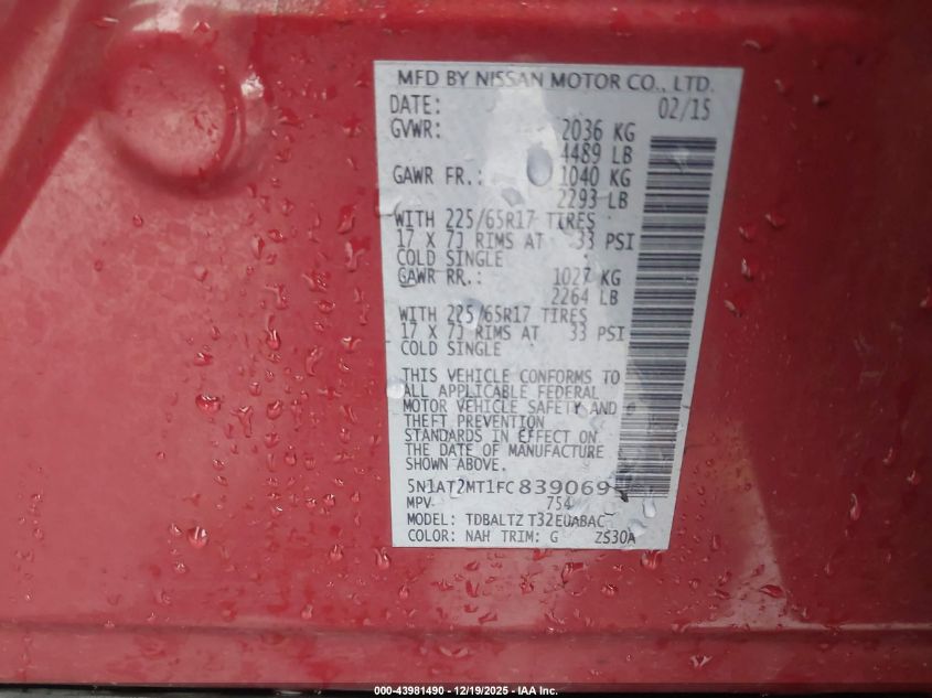 2015 Nissan Rogue Sv VIN: 5N1AT2MT1FC839069 Lot: 43981490