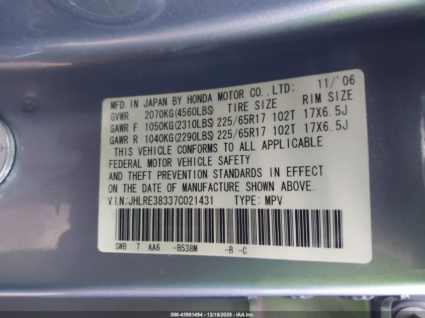 2007 Honda Cr-V Lx VIN: JHLRE38337C021431 Lot: 43981494