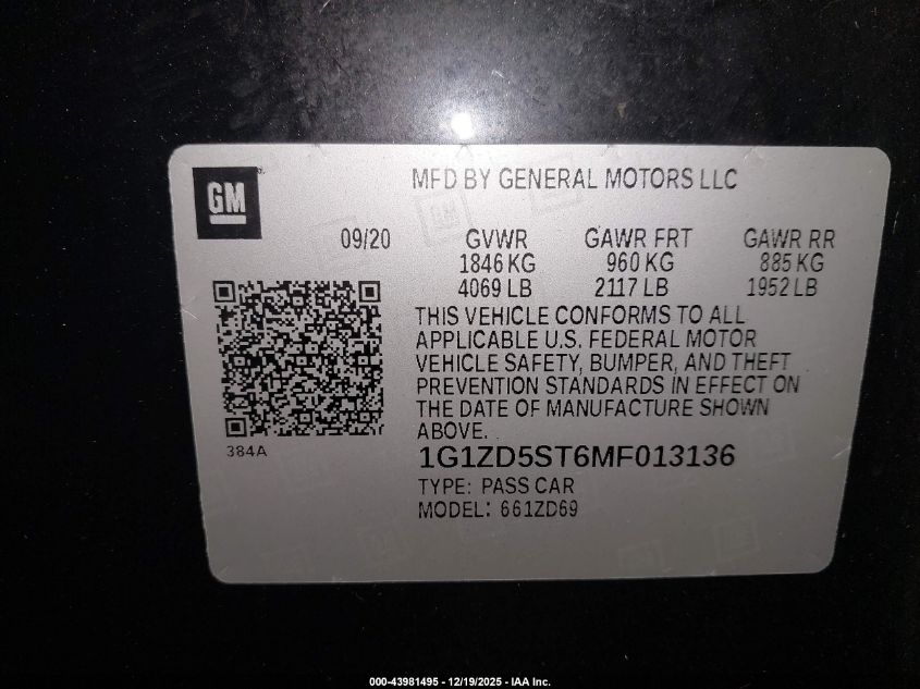 2021 Chevrolet Malibu Fwd Lt VIN: 1G1ZD5ST6MF013136 Lot: 43981495