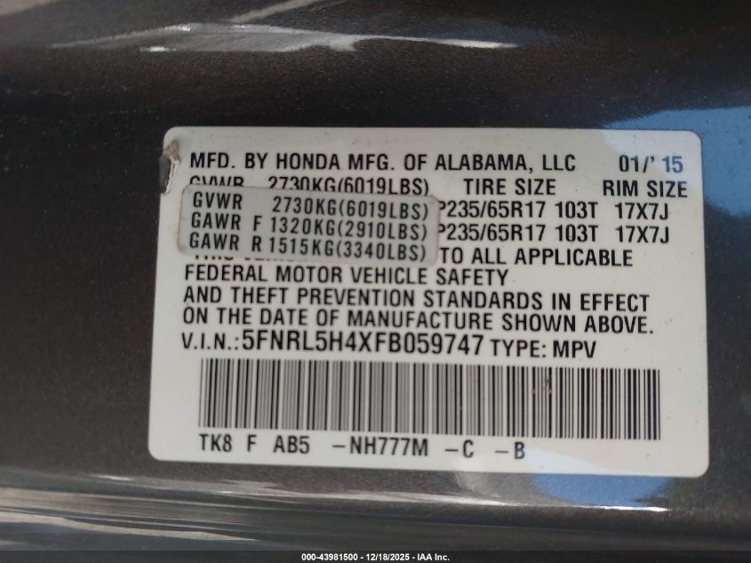 2015 Honda Odyssey Ex VIN: 5FNRL5H4XFB059747 Lot: 43981500