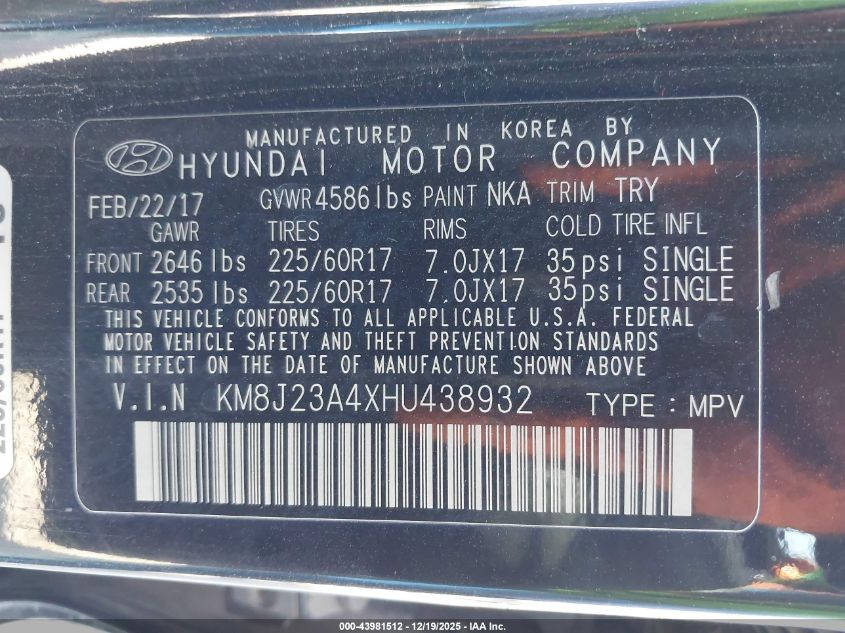 2017 Hyundai Tucson Se VIN: KM8J23A4XHU438932 Lot: 43981512