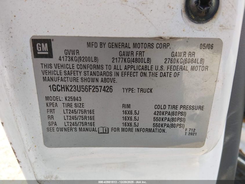 2006 Chevrolet Silverado 2500Hd Work Truck VIN: 1GCHK23U56F257426 Lot: 43981513