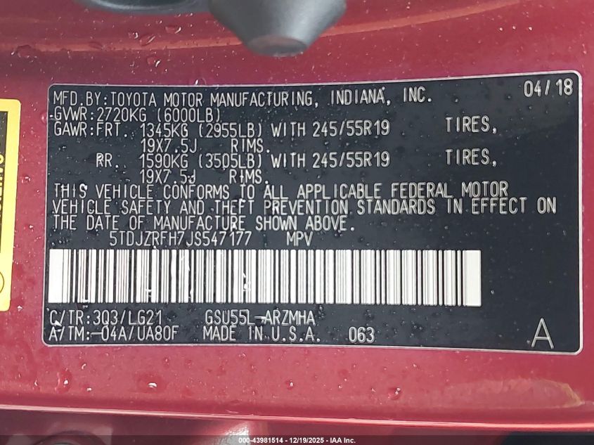 2018 Toyota Highlander Se VIN: 5TDJZRFH7JS547177 Lot: 43981514