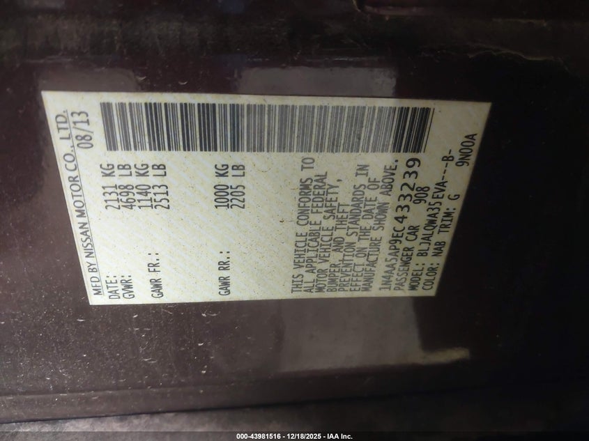 1N4AA5AP9EC433239 2014 NISSAN MAXIMA photo no. 9