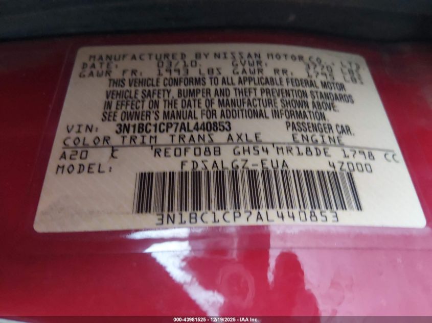 2010 Nissan Versa 1.8Sl VIN: 3N1BC1CP7AL440853 Lot: 43981525