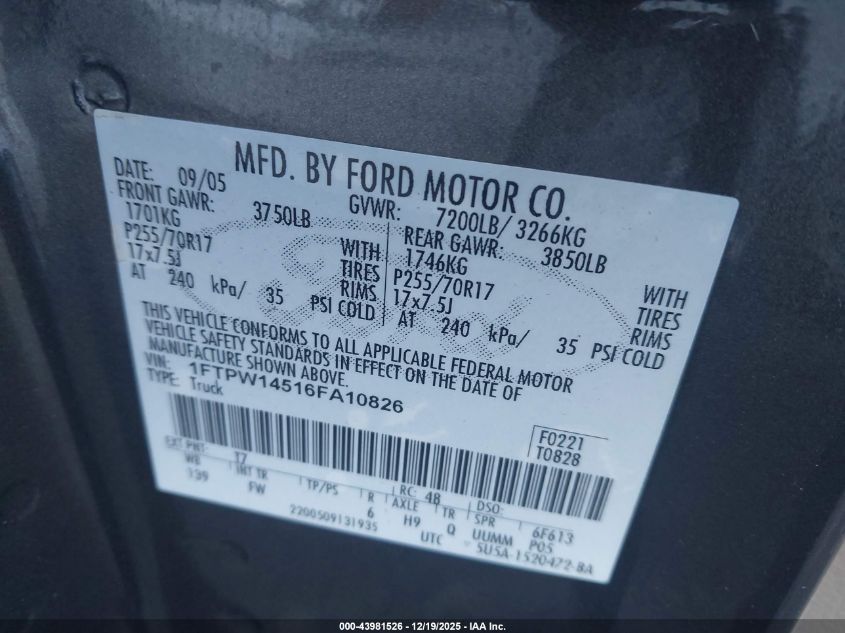 2006 Ford F-150 Fx4/Lariat/Xlt VIN: 1FTPW14516FA10826 Lot: 43981526