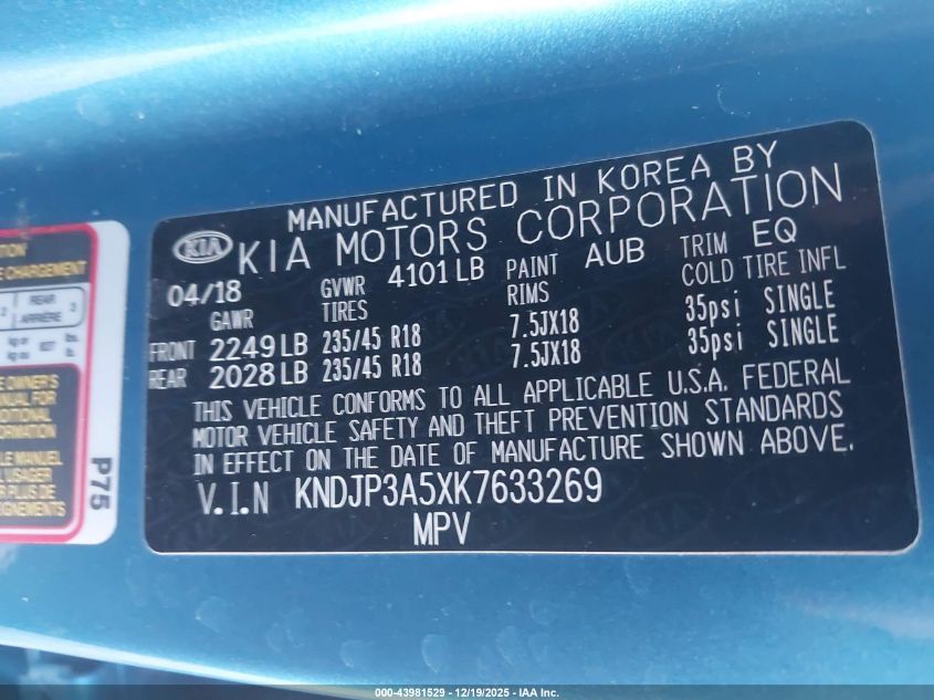 2019 Kia Soul + VIN: KNDJP3A5XK7633269 Lot: 43981529