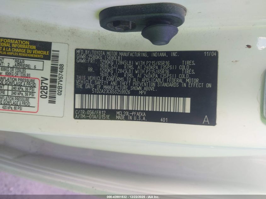 2005 Toyota Sienna Le VIN: 5TDZA23C65S259926 Lot: 43981532