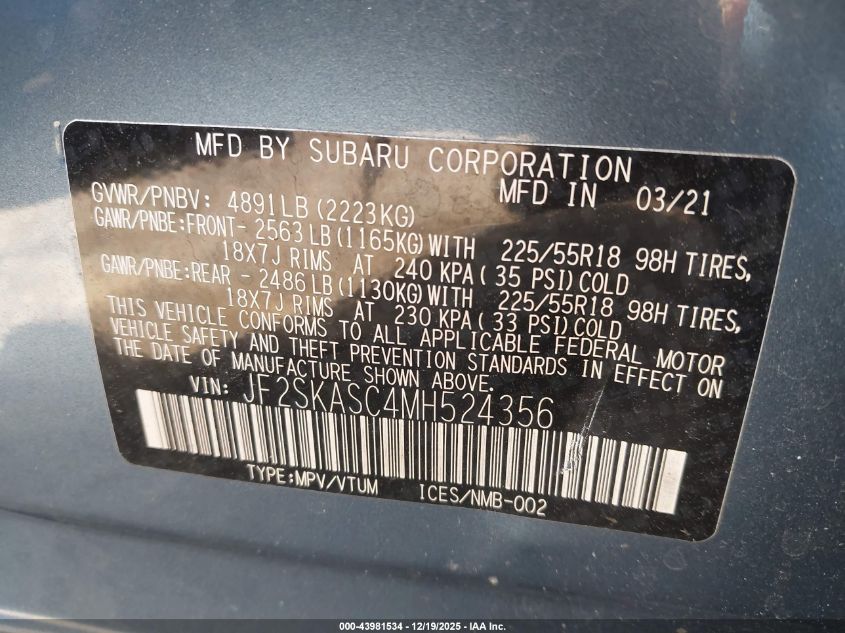 2021 Subaru Forester Limited VIN: JF2SKASC4MH524356 Lot: 43981534
