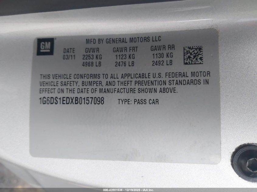 2011 Cadillac Cts Premium VIN: 1G6DS1EDXB0157098 Lot: 43981536
