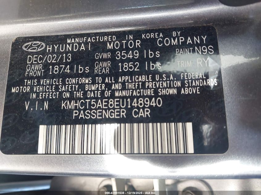 2014 Hyundai Accent Gs VIN: KMHCT5AE8EU148940 Lot: 43981538