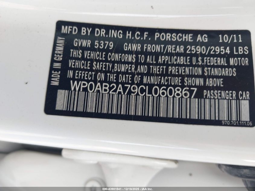 2012 Porsche Panamera 4S VIN: WP0AB2A79CL060867 Lot: 43981541