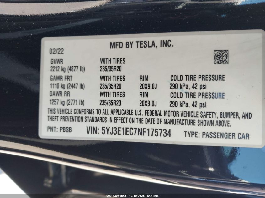 2022 Tesla Model 3 Performance Dual Motor All-Wheel Drive VIN: 5YJ3E1EC7NF175734 Lot: 43981545