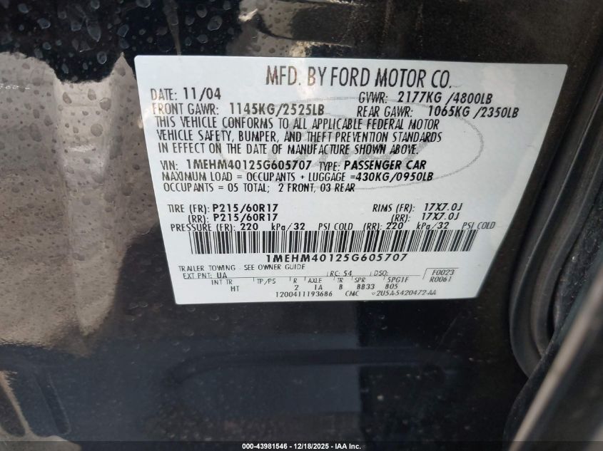 2005 Mercury Montego Luxury VIN: 1MEHM40125G605707 Lot: 43981546