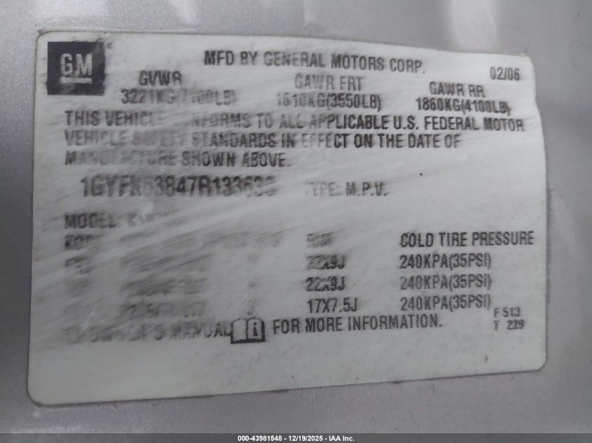 2007 Cadillac Escalade Standard VIN: 1GYFK63847R133630 Lot: 43981548