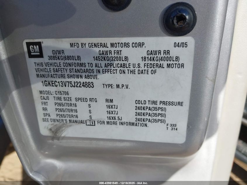 2005 GMC Yukon Sle VIN: 1GKEC13V75J224883 Lot: 43981549