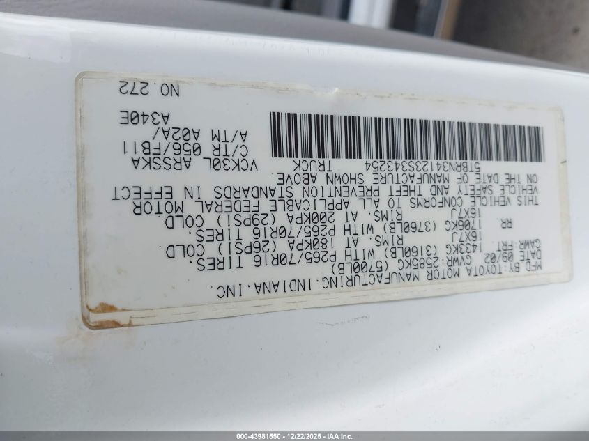 2003 Toyota Tundra Sr5 VIN: 5TBRN34123S343254 Lot: 43981550