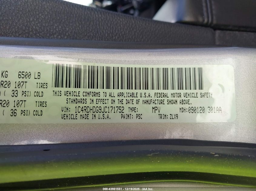 2018 Dodge Durango Gt Rwd VIN: 1C4RDHDG9JC171752 Lot: 43981551