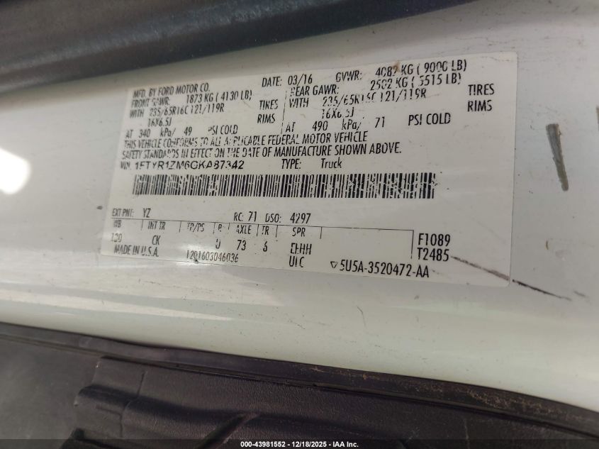 2016 Ford Transit-250 VIN: 1FTYR1ZM6GKA87342 Lot: 43981552