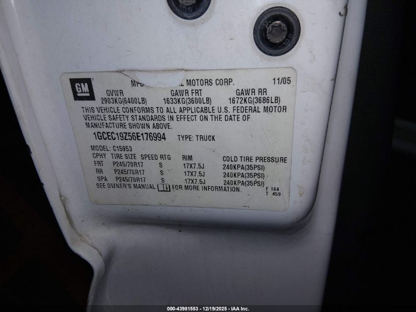 2006 Chevrolet Silverado 1500 Ls VIN: 1GCEC19Z56E176994 Lot: 43981553