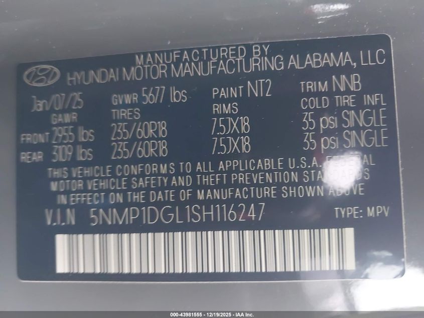 2025 Hyundai Santa Fe Se VIN: 5NMP1DGL1SH116247 Lot: 43981555