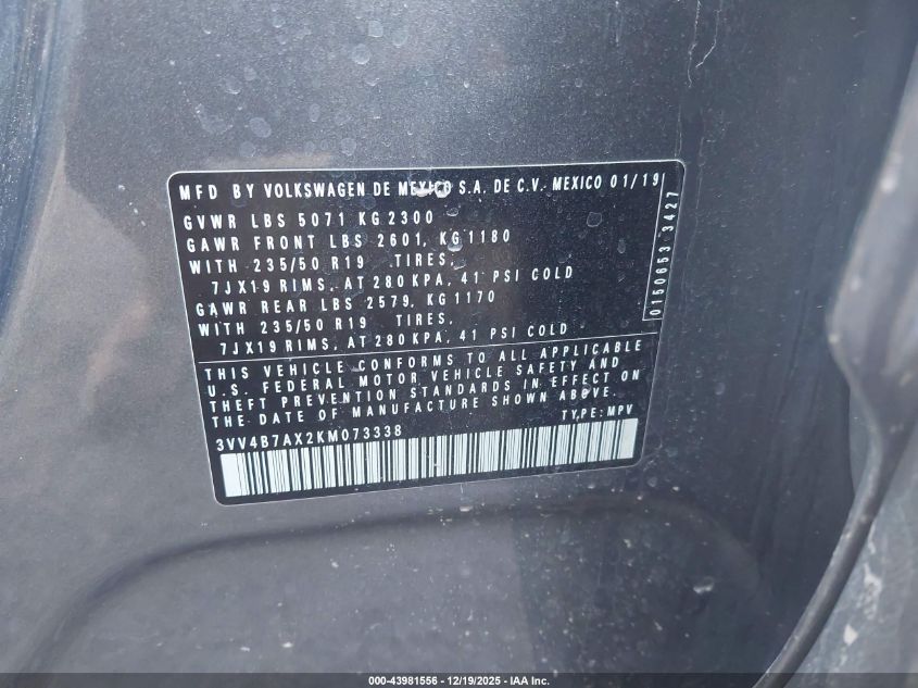 2019 Volkswagen Tiguan 2.0T Sel Premium/2.0T Sel Premium R-Line VIN: 3VV4B7AX2KM073338 Lot: 43981556