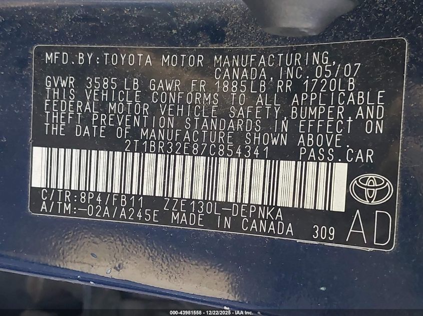 2007 Toyota Corolla Le VIN: 2T1BR32E87C854341 Lot: 43981558