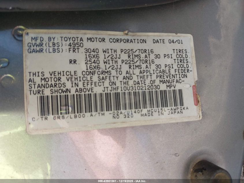 2001 Lexus Rx 300 VIN: JTJHF10U310212030 Lot: 43981561