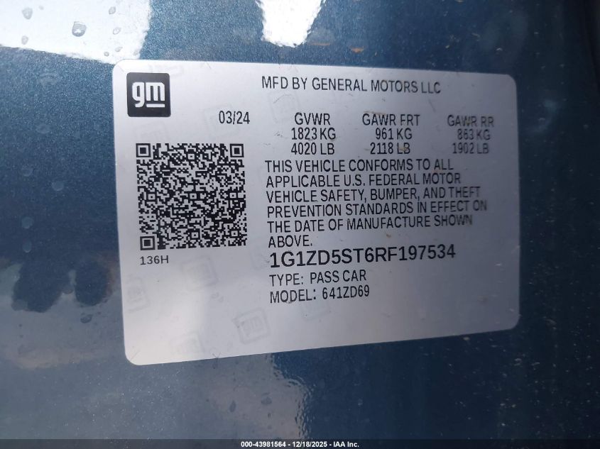 2024 Chevrolet Malibu Fwd 1Lt VIN: 1G1ZD5ST6RF197534 Lot: 43981564