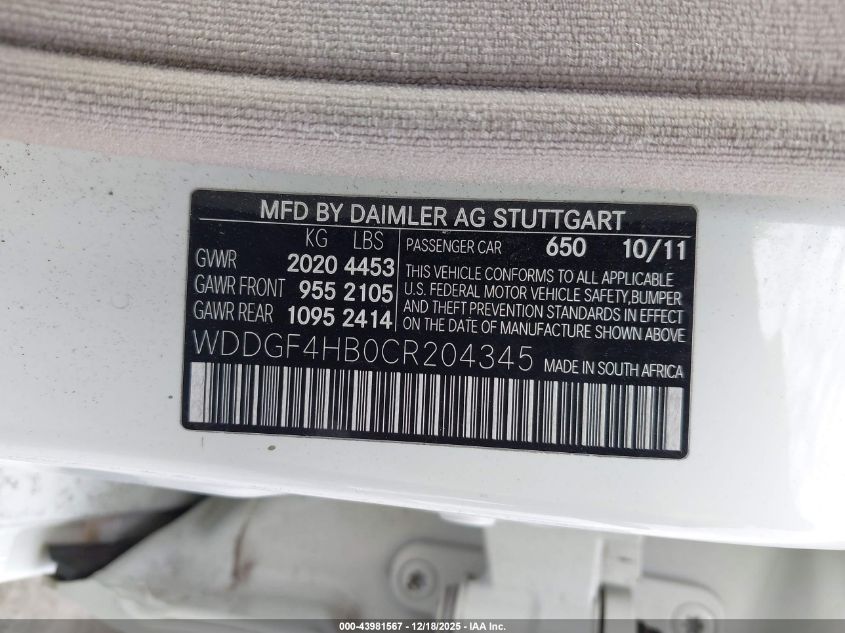 2012 Mercedes-Benz C 250 Sport VIN: WDDGF4HB0CR204345 Lot: 43981567