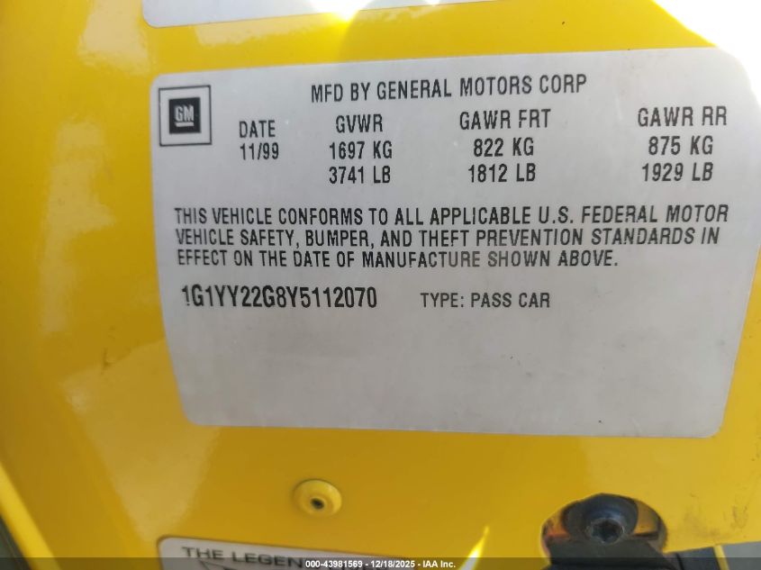 2000 Chevrolet Corvette VIN: 1G1YY22G8Y5112070 Lot: 43981569