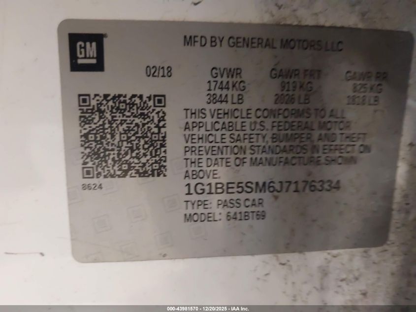 2018 Chevrolet Cruze Lt Auto VIN: 1G1BE5SM6J7176334 Lot: 43981570