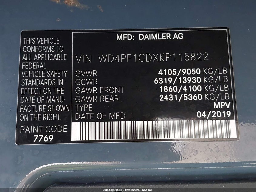 WD4PF1CDXKP115822 2019 MERCEDES-BENZ SPRINTER photo no. 9